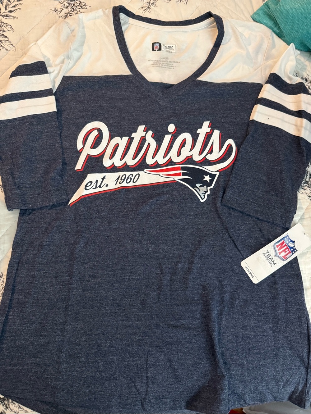 NFL Patriots Navy, White & Red V-Neck Long Sleeve Tee